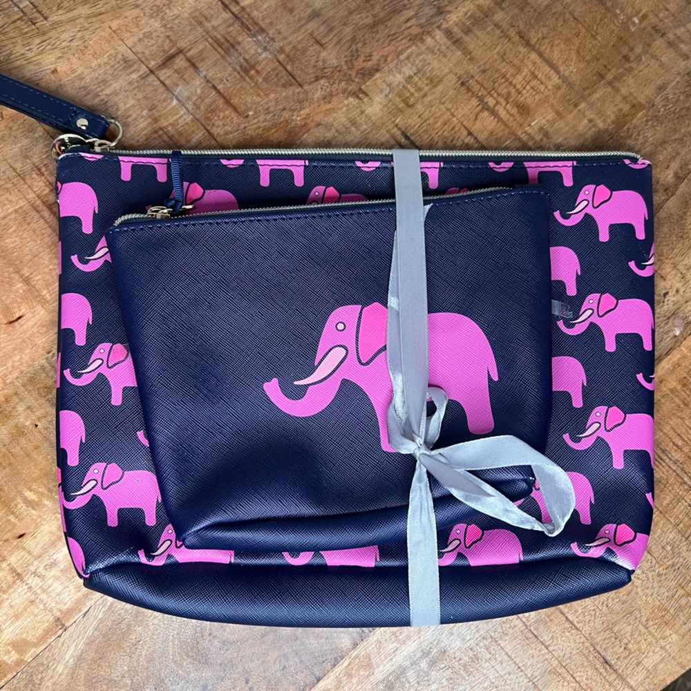 Dabney Lee Navy and Pink Elephant Cosmetic Bag Set